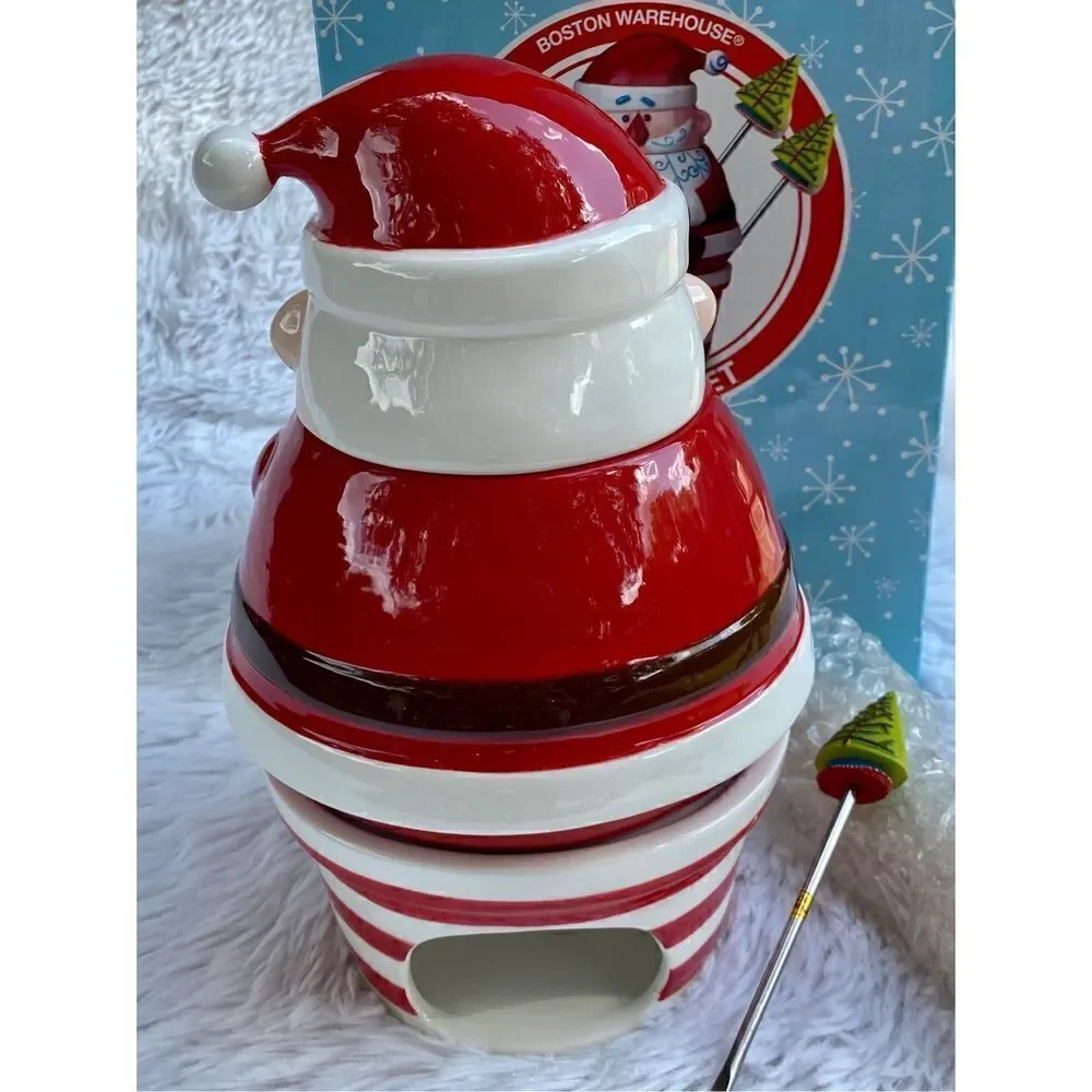 NIB NEW Boston Warehouse 7 PC HO HO HO Ceramic Santa Clause Fondue Set - Picture 11 of 14